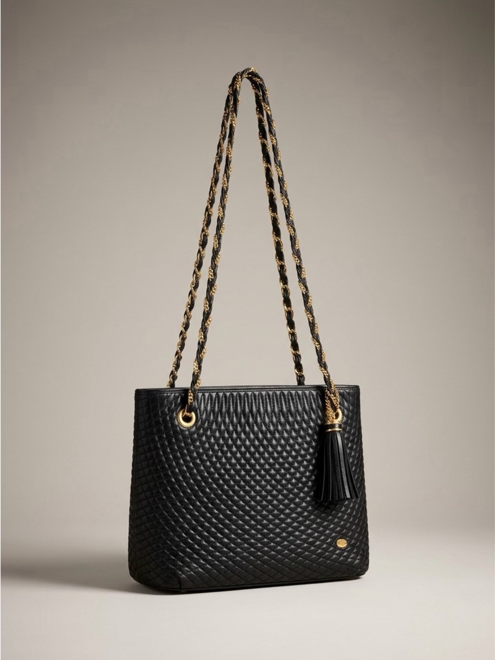 Vintage Bally Black Quilted Leather Gold Chain Tassel Tote